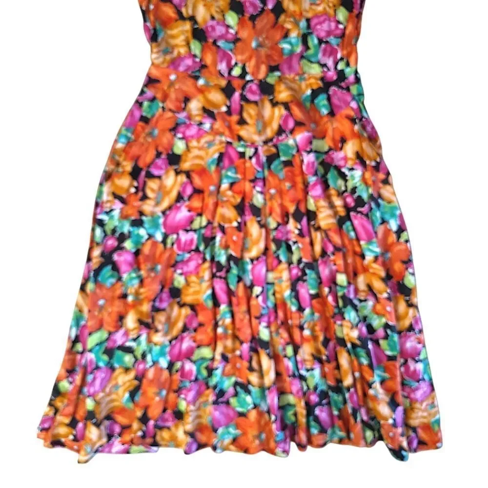 VTG 80s Bright Floral V Waist Midi Dress SZ 12 *Fits like Med Gardencore‎